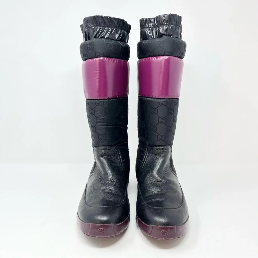 Gucci GG Logo Monogram Snow Winter Boots Tall Slip On Black Leather 35.5 5.5